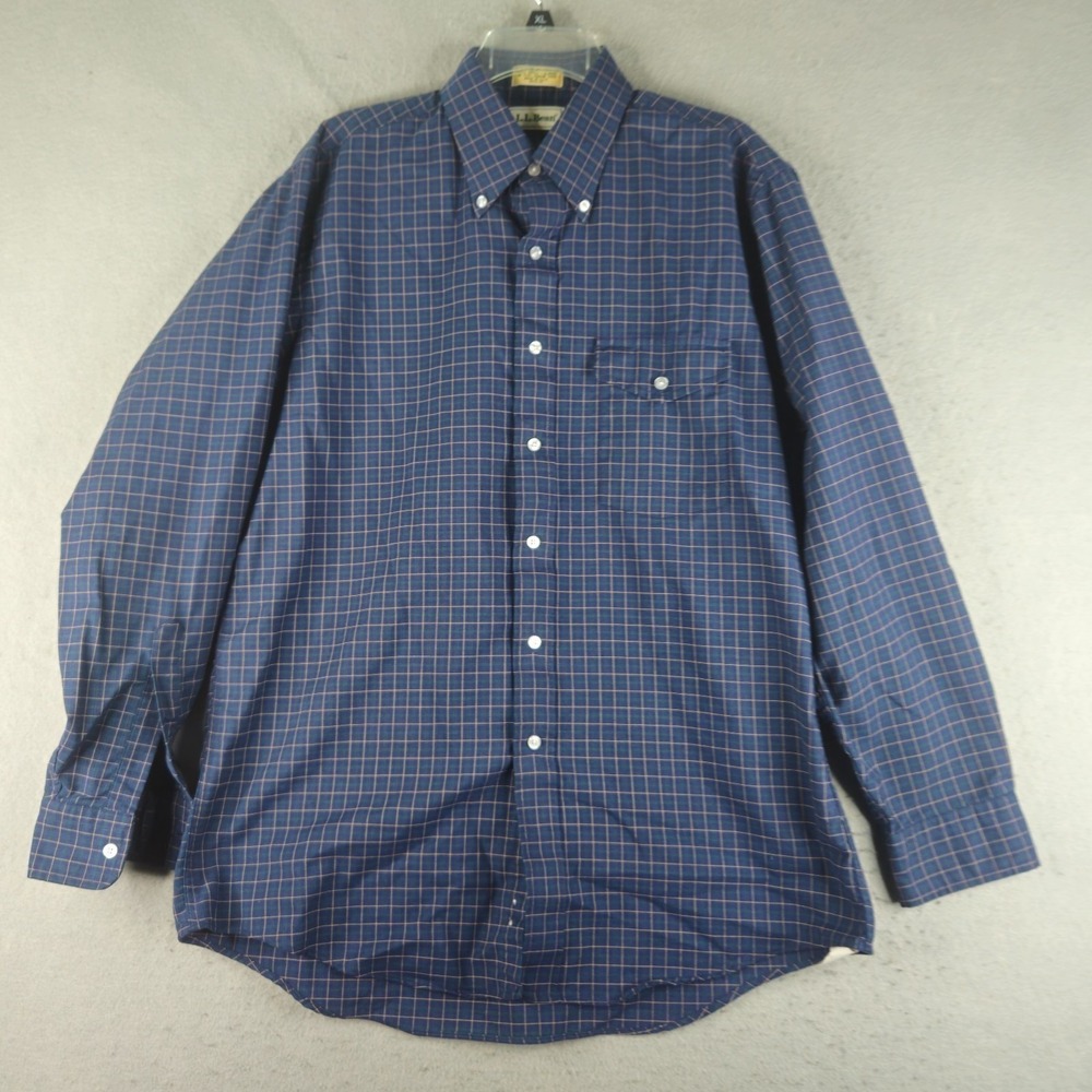 VTG LL BEAN Mens Shirt 16.5/35 Blue Windowpane Plaid Single Needle USA Made